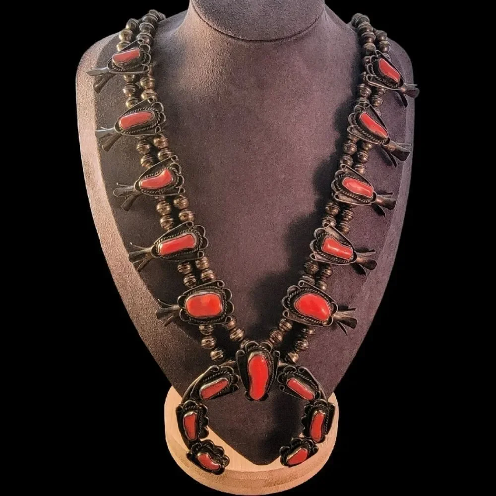 Vintage Navajo 1960's Red Coral Squash Blossom Necklace - Picture 4 of 11